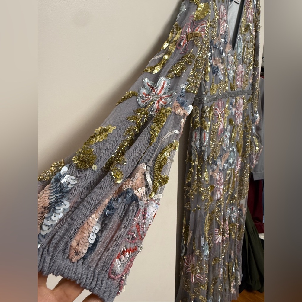 NWT Mac Duggal 5423 Gray Platinum Multi Long Cuff Sleeve Midi Dress Size 12 - Picture 5 of 16